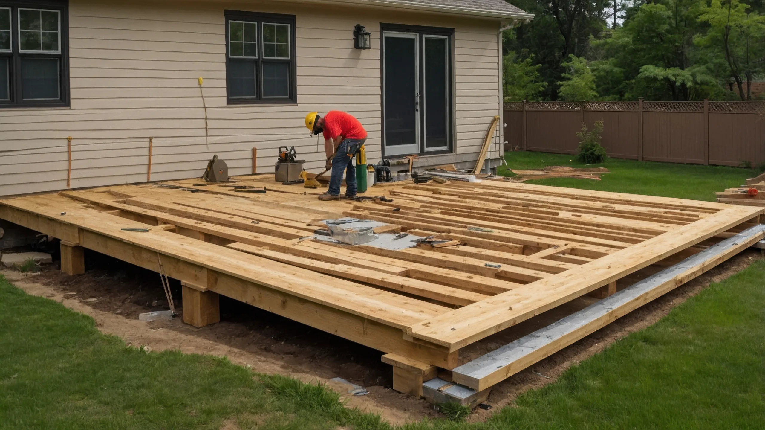 Timber deck under construction in a residential backyard
