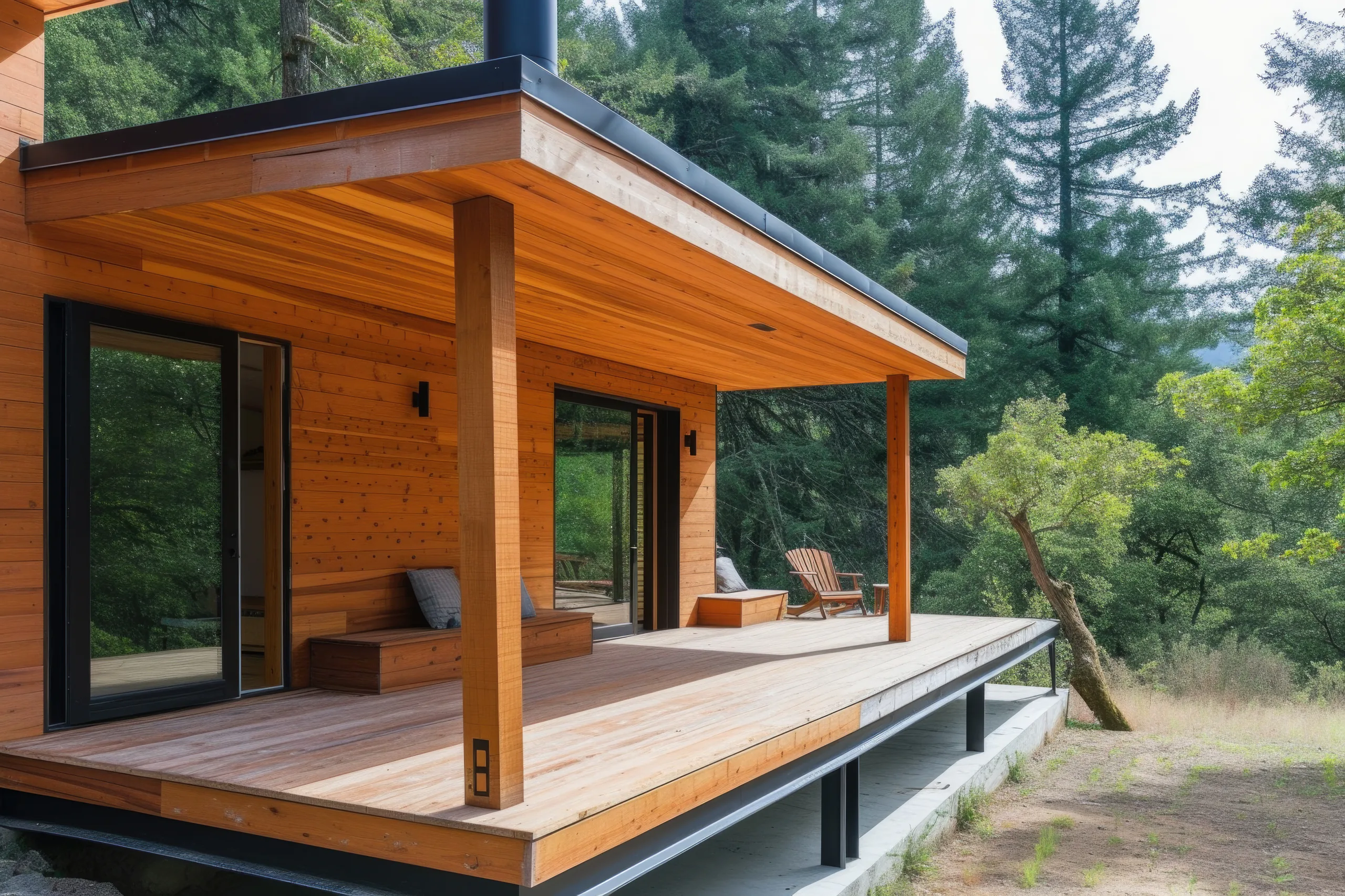 Timber deck wrapping a house