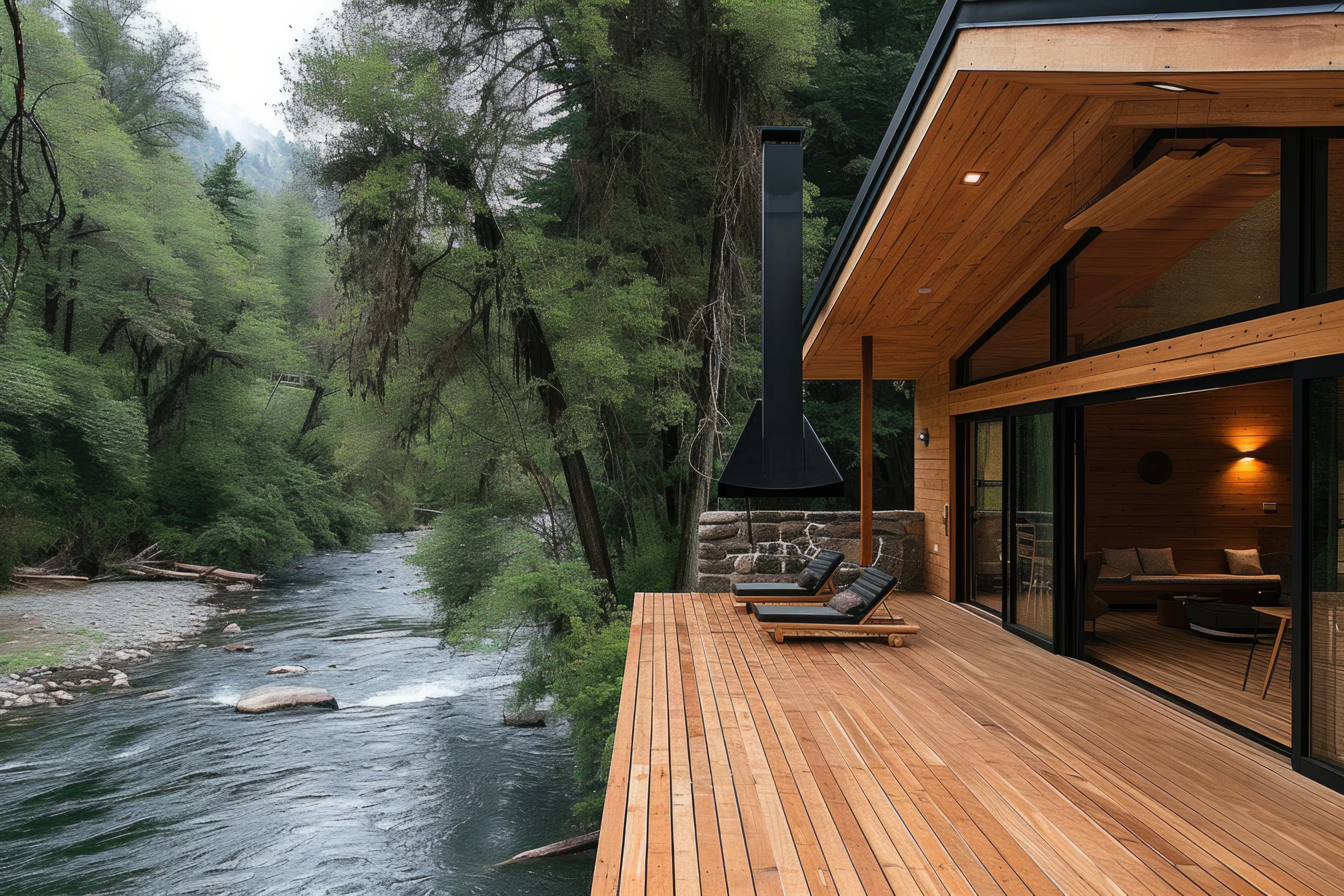 Timber house with deck at dusk